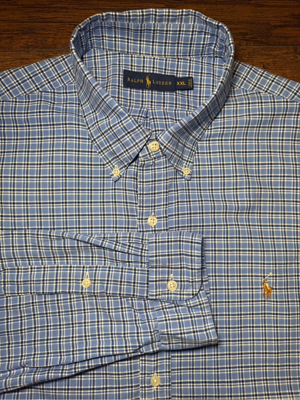Ralph Lauren Oxford Button Down Shirt Men’s XXL Blue Plaid Long Sleeve 2XL Pony